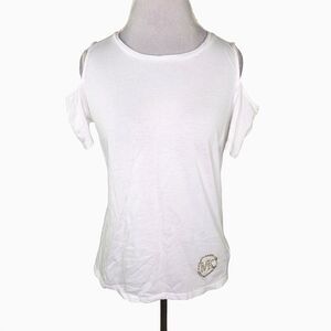 MICHAEL Michael Kors White Cold Shoulder Short Sleeve Gold Jeweled Logo Medium